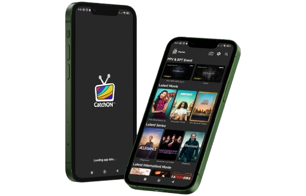 CatchON TV IPTV service interface displaying live channels and on-demand options.