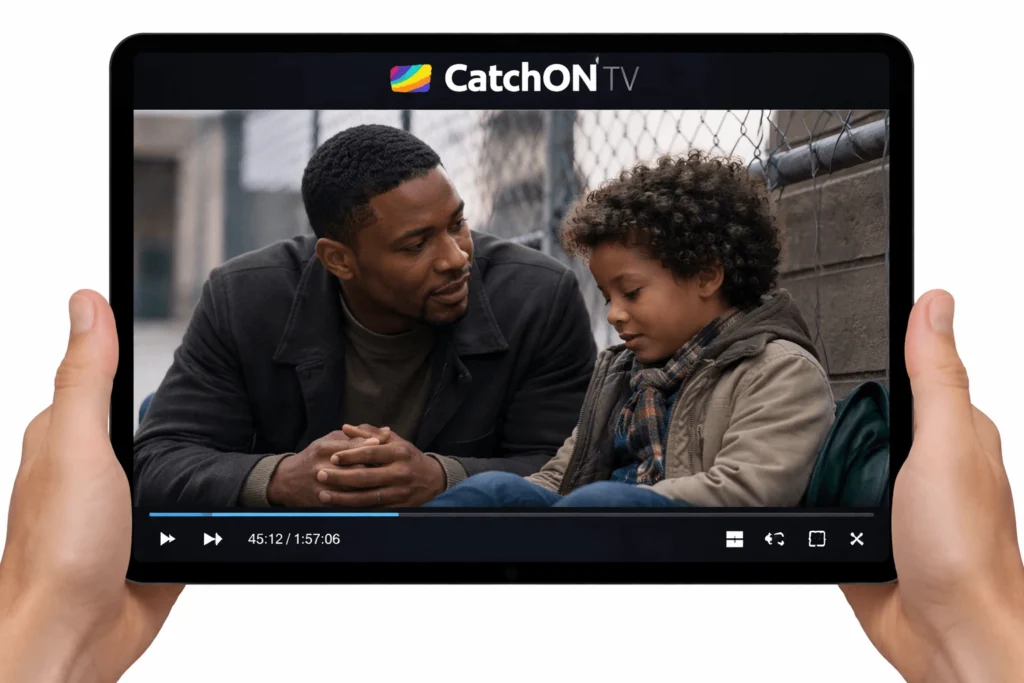 CatchON TV setup tutorial displayed on tablet with video player interface and streaming movie scene.