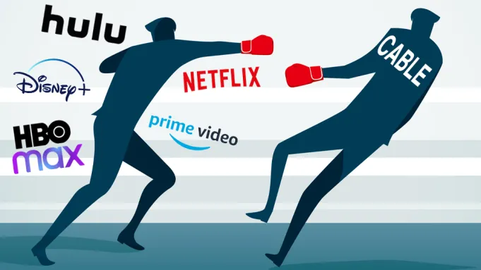 Cable TV vs streaming services comparison such as CatchON TV showing traditional cable setup versus modern smart TV streaming apps.